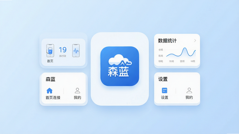����Ϊɭ��APP�Ľ���ȫòԤ��ͼ������Ϊ�ɾ���ǳ��ɫ���䣬����չʾɭ��APP����ͼ��������濨Ƭ�����ֶԳ����룬�����豸���ӡ�����ͳ�ơ����ò˵���ģ�飬���ֱ�ǩ�����ɼ��硰ɭ����������ҳ�������ҵġ������Ϊ�ִ���ƽ����ƣ�ϸ�ڴ��������Ӱ�����ʸ��壬�޶�������Ԫ��