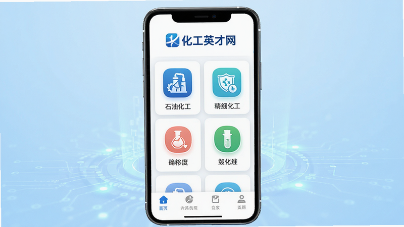 化工英才网App首页界面展示,主体为手机屏幕,背景为淡蓝色科技感渐变,顶部显示“化工英才网”Logo,中部展示多个分类图标如“石油化工”、“精细化工”,底部为导航栏,整体布局整洁,风格简约商务,高清无水印,无多余元素