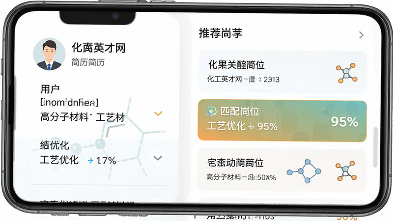 化工英才网简历匹配功能界面,主体为手机屏幕,左侧显示用户简历关键词“高分子材料”、“工艺优化”,右侧显示推荐岗位列表,高亮显示匹配度95%的职位,风格现代扁平化,色彩清新,高清,无多余装饰