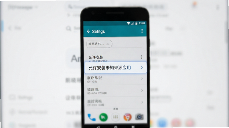 手机设置界面示意图,主体为安卓手机系统设置页面,高亮显示“允许安装未知来源应用”选项,背景虚化,风格简洁清晰,白色主色调,高清,无水印,无多余文字干扰