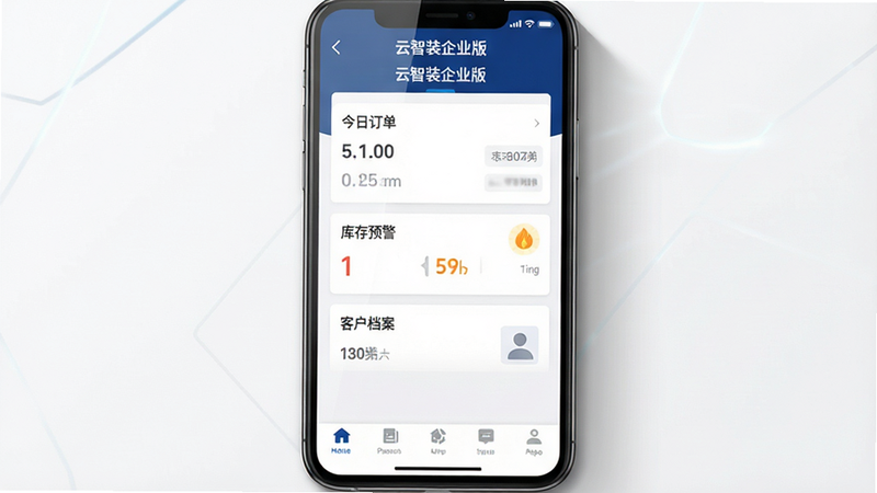 主体为一部现代智能手机,屏幕显示“云智装企业版”App的主界面,界面设计简洁专业,顶部有深蓝色导航栏,中间展示“今日订单”、“库存预警”、“客户档案”三个核心模块卡片,底部为导航栏。布局为垂直居中,排版清晰。风格为扁平化科技风,色彩以白、蓝、灰为主。细节包括屏幕反光、手机边缘阴影。画质8k,干净,无多余元素,文字“云智装企业版”清晰可见
