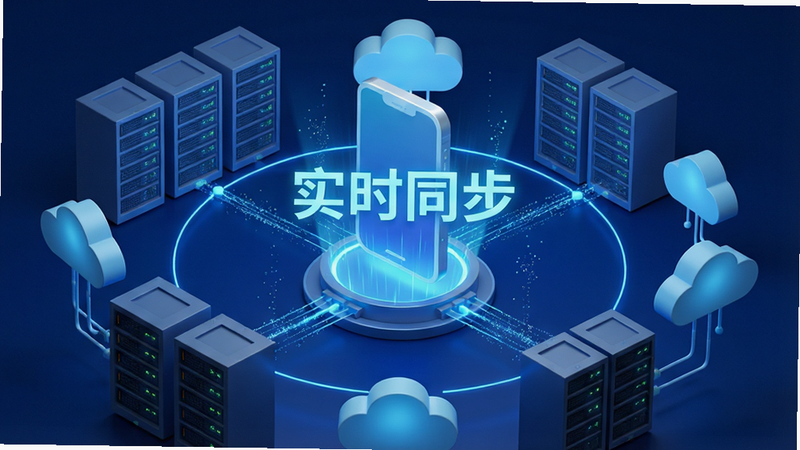 主体为数据流动的概念图,中间悬浮一个发光的手机图标,四周环绕着服务器机架和云朵图标,通过蓝色光线连接。布局为环形结构,中心突出手机。排版紧凑且具科技感。风格为3D渲染,深蓝背景。细节包括光线粒子效果、图标立体感。画质高清,干净,无多余元素,文字“实时同步”以发光字体呈现