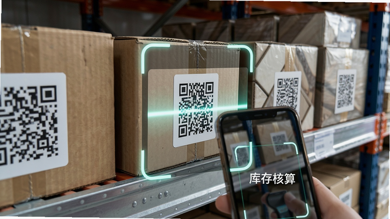 主体为一个仓库货架的局部特写,上面摆放着整齐的板材和瓷砖盒,每个盒子上贴有二维码标签。前景有一个手机扫描框对准其中一个标签。布局为近景特写,引导视线至标签。排版自然。风格为工业风与科技结合。细节包括标签反光、货架金属质感。画质清晰,干净,无多余元素,文字“库存核算”在扫描框内显示