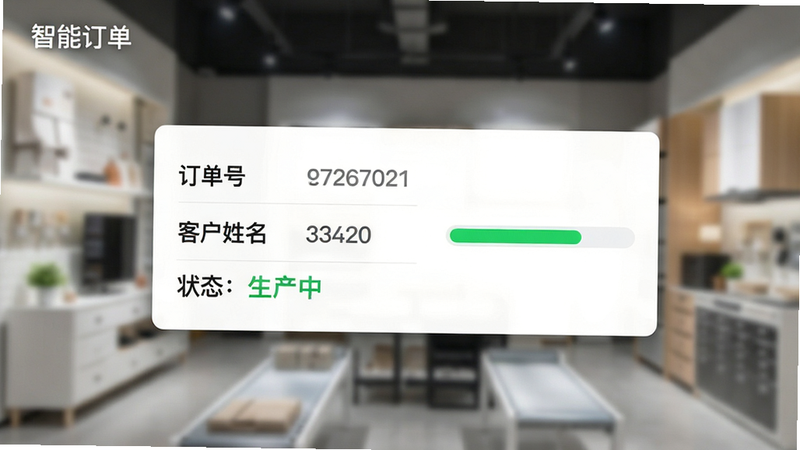 主体为一张悬浮的订单列表卡片,背景为模糊的家居建材展厅。卡片上显示“订单号”、“客户姓名”、“状态:生产中”等信息,旁边有一个绿色的进度条。布局为前景清晰背景虚化。排版整齐,重点信息突出。风格为写实摄影与UI设计结合。细节包括卡片投影、文字清晰。画质高,干净,无多余元素,文字“智能订单”在左上角小字显示