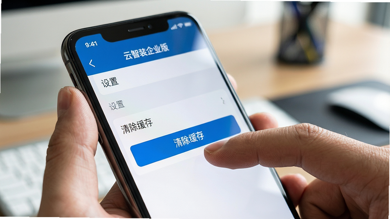 主体为一只手握着手机,正在操作“云智装企业版”App,屏幕显示“设置”页面,其中“清除缓存”按钮被高亮显示。背景为模糊的办公桌面。布局为特写,聚焦于手指与屏幕交互。排版简洁。风格为生活化写实。细节包括手指纹理、屏幕光泽。画质高清,干净,无多余元素,文字“清除缓存”清晰可见