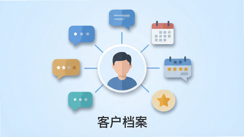 主体为一个用户头像图标,周围环绕着对话气泡、日历图标和星星评分图标。背景为柔和的浅蓝色渐变。布局为中心辐射状。排版对称且平衡。风格为简约扁平化。细节包括图标阴影、连接线。画质高清,干净,无多余元素,文字“客户档案”在底部显示