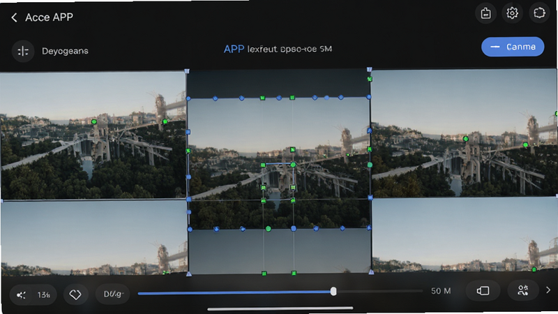 软件界面截图预览,展示大景象APP的全景拼接功能界面,界面中显示多张照片正在对齐的过程,带有进度条和匹配点标识,布局清晰,排版现代,风格简约科技,细节展示UI按钮和图标,画质清晰,干净,无多余元素