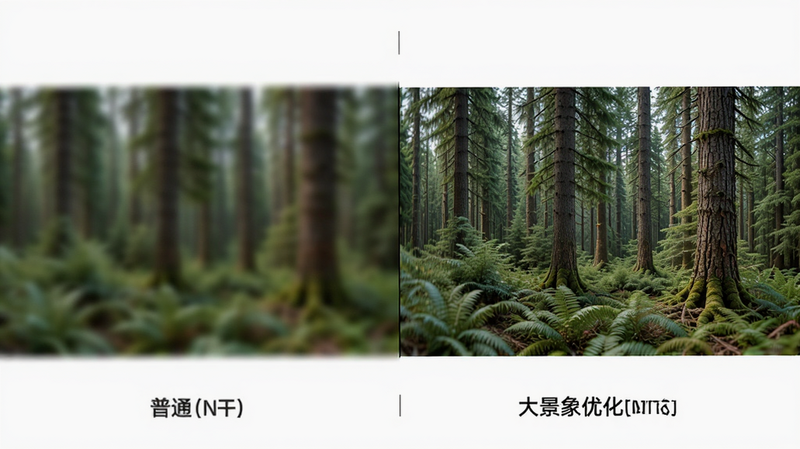 对比图展示,左侧为普通拼接模糊的全景图,右侧为大景象优化后清晰锐利的全景图,主体为森林景色,布局左右分屏,排版对比强烈,风格写实,细节突出右侧图像的清晰纹理,画质超清,干净,无多余元素