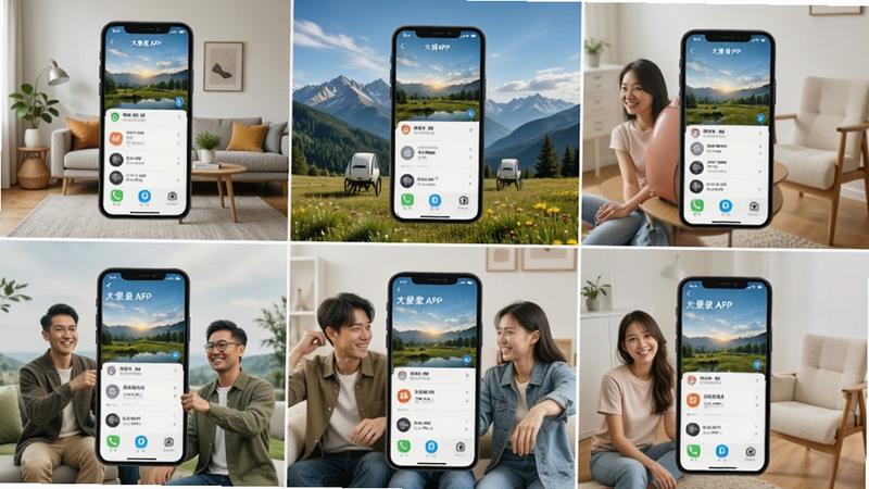 展示多种应用场景的拼贴图,包括室内家居、户外风景、人物合影,主体为大景象APP在不同场景下的应用示意,布局九宫格排列,排版整齐,风格生活化,细节展示各场景的色彩还原,画质明亮,干净,无多余元素