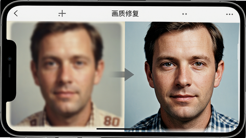 主体是手机屏幕特写,显示“画质修复”软件的工作界面,左侧是一张模糊的80年代老照片,右侧是经过AI处理后的清晰照片,中间有箭头指示处理方向,布局左右对比,排版整齐,风格写实,细节展现人脸五官的锐化效果,画质高保真,干净,无多余元素
