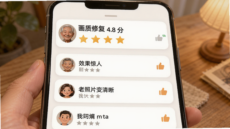主体是用户评价界面,显示“画质修复”APP的评分星级为4.8分,下方有几条用户评论,如“效果惊人”、“老照片变清晰”,布局卡片式,排版温馨,风格社区互动风,细节包含头像与点赞图标,画质清晰,干净,无多余元素