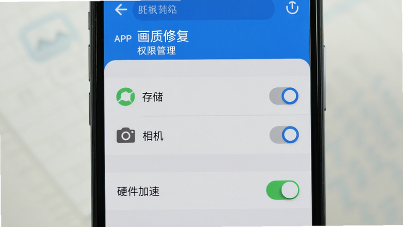 主体是手机设置界面,显示“画质修复”APP的权限管理页面,勾选了“存储”和“相机”权限,下方有“硬件加速”开关处于开启状态,布局垂直列表,排版清晰,风格系统原生UI,细节包含开关滑块与权限图标,画质清晰,干净,无多余元素