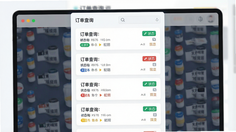 主体为订单列表界面,显示多个订单卡片,布局垂直排列,排版整齐,风格为扁平化设计,细节处显示状态标签颜色区分,画质清晰,干净背景,文字“订单查询”作为界面标题