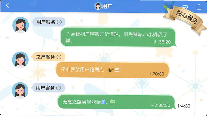 主体为客服对话界面截图,显示用户与客服的对话气泡,布局清晰区分双方发言,排版规整,风格为扁平化UI设计,细节处体现对话图标与时间戳,画质清晰,干净无干扰元素,文字“贴心服务”作为装饰性标签