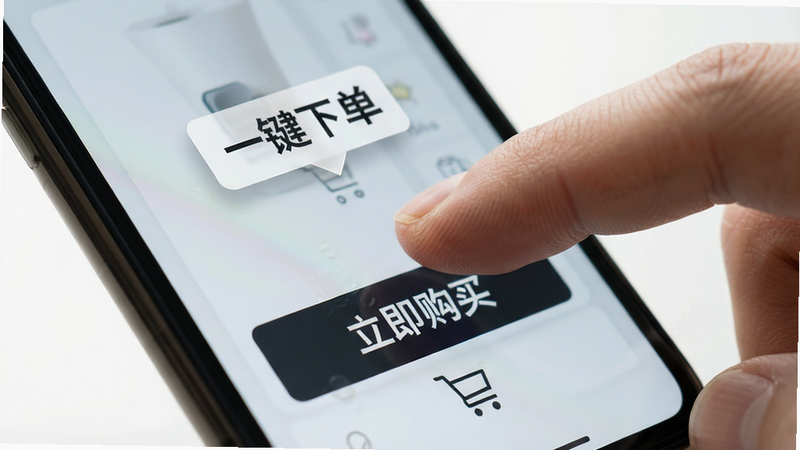 主体为手指点击手机屏幕“立即购买”按钮的特写,布局聚焦于交互瞬间,排版紧凑,风格为写实摄影风,细节处表现手指与屏幕的接触感,画质细腻,干净背景,文字“一键下单”以悬浮标签形式展示