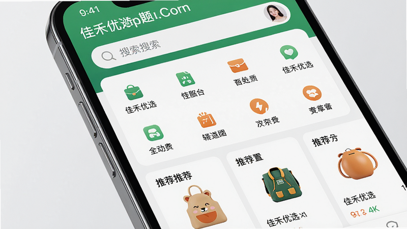 主体为手机屏幕特写,显示“佳禾优选”APP首页界面,布局清晰,顶部为搜索栏,中间为分类图标网格,下方为推荐商品卡片,排版整齐有序,风格为现代极简主义,细节处体现高清质感,画质4K,干净无多余元素,文字“佳禾优选”清晰可见