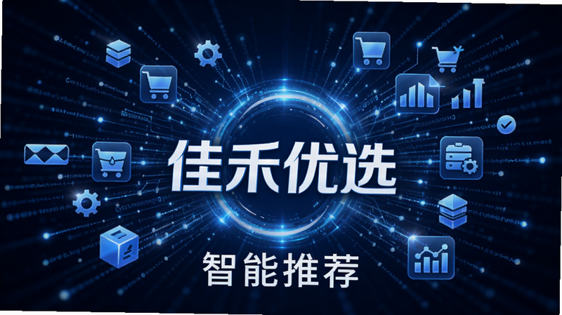 主体为抽象的数据流与商品图标结合的视觉图,中心显示“佳禾优选”Logo,布局呈放射状扩散,排版具有科技感,风格为蓝色系科技风,细节处有光晕效果,画质高清,干净无杂乱背景,文字“智能推荐”位于中心下方