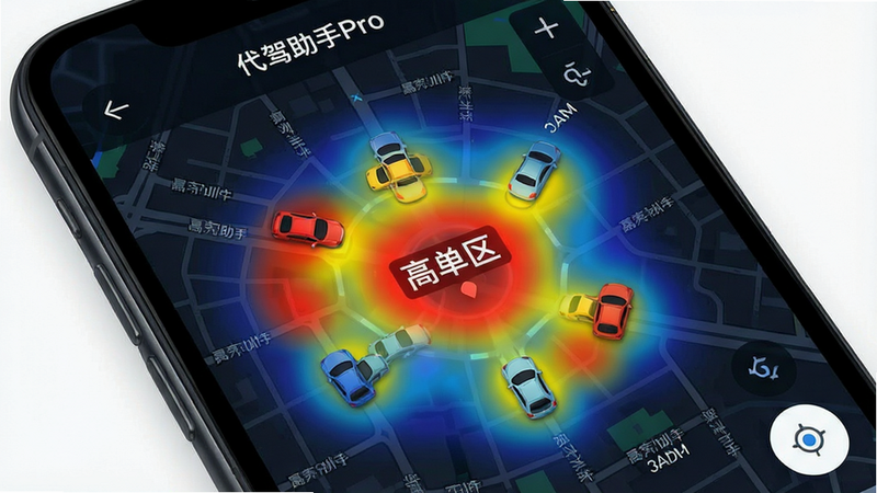 手机屏幕特写,显示代驾助手Pro的地图界面,地图上覆盖着红黄蓝三色热力层,中心点标注
