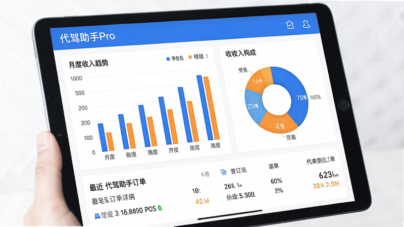 平板设备屏幕,展示代驾助手Pro的收入统计页面,左侧为柱状图显示月度收入趋势,右侧为饼图显示收入构成,底部列出最近三笔订单详情,风格商务简洁,白色背景,蓝色与橙色数据高亮,细节清晰,画质高,干净,无多余元素,文字