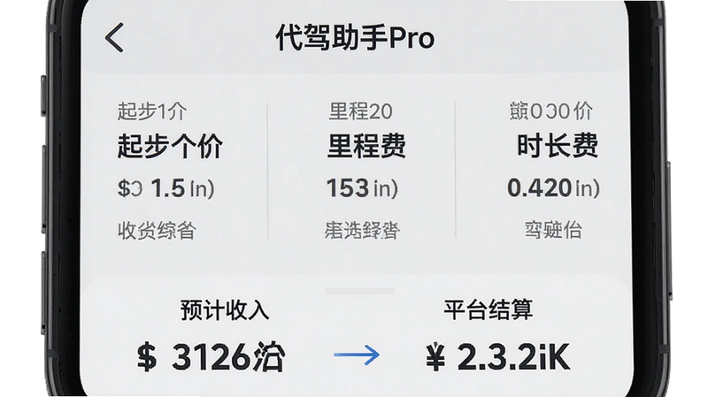 手机界面展示代驾助手Pro的收入估算功能,屏幕显示一笔订单的明细,包括起步价、里程费、时长费,底部显示