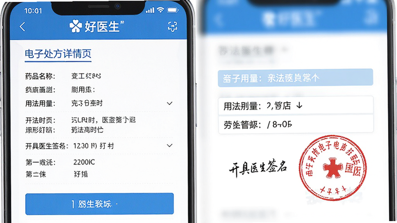 ����ҽ����APP�ĵ��Ӵ�������ҳ������չʾҩƷ���ơ��÷�����������ҽ��ǩ��������ӡ�£��������רҵ�Ͻ�������������ɫ���ص���Ϣ������ʾ���Ű�淶�����廭�ʣ�������Ԫ��