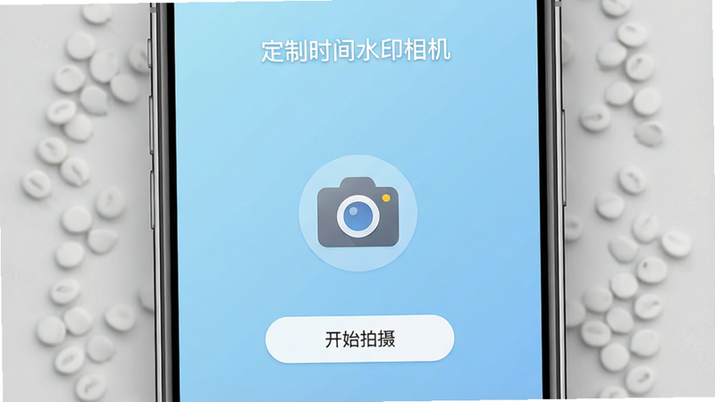 һ�Ÿ�����ֻ���Ļ��ͼ��������ʾ������ʱ��ˮӡ�����App���������棬����Ϊ����ǳ��ɫ���䡣��Ļ������ʾһ�����ͼ�꣬�·��С���ʼ���㡱��ť�����涥��������ע������ʱ��ˮӡ��������������־��жԳƣ��Ű����࣬����ִ���Լ��ϸ������������4k���ɾ��޶���Ԫ��