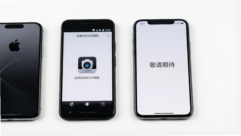 һ��iPhone��һ����׿�ֻ����Űڷţ���׿�ֻ���Ļ��ʾ������ʱ��ˮӡ��������棬iPhone��Ļ��ʾ�������ڴ�������������Ϊ����ɫ��������ͣ����ֶԳ�ƽ�⣬����ִ��Ƽ���ϸ�����������ʼ��ߣ��ɾ��޶���Ԫ��