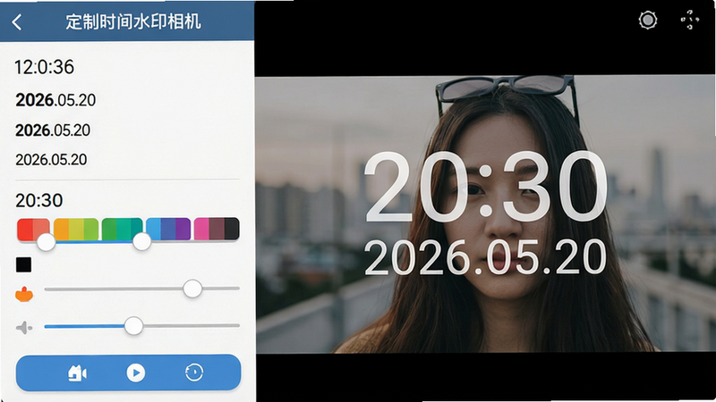 չʾ������ʱ��ˮӡ�����App�ڲ��ı༭���棬��Ļ�����һ�п�ѡ���������ɫ���飬�Ҳ���ʵʱԤ������Ƭ������Ƭ�е����˰�͸���İ�ɫʱ��ˮӡ��20:30 2026.05.20�����������ƽ����������ť�����ɼ����������ҷ�����ϸ�ھ��£����ʸ��壬�ɾ�������Ԫ��