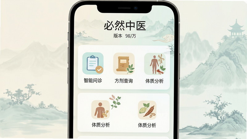 主体为「必然中医」APP界面高清预览图,布局采用居中对称式排版,背景为淡雅的中式水墨风格,色调以米白与淡青色为主,界面顶部显示应用名称「必然中医」及版本号,中间区域展示核心功能模块如「智能问诊」、「方剂查询」、「体质分析」等图标,图标设计简约扁平化,细节处包含中医草药插画元素,整体风格清新专业,画质4k,干净无多余元素,文字清晰可读,无水印