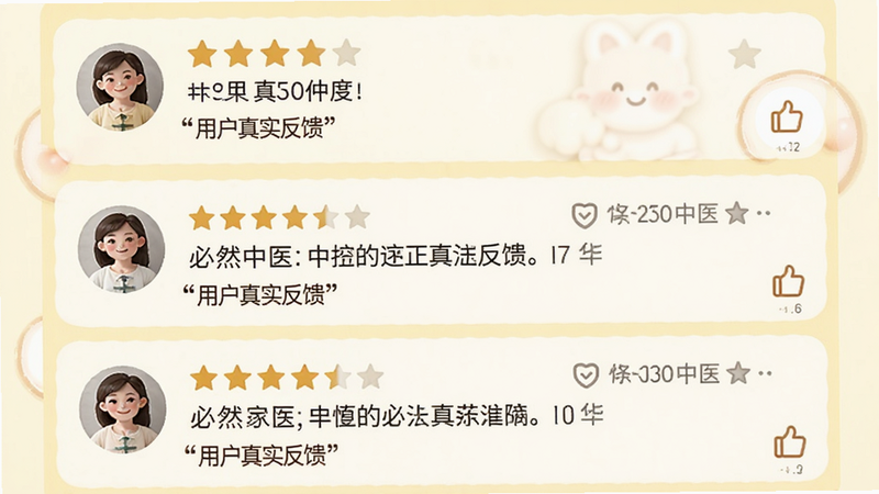 主体为「必然中医」APP用户评价界面,布局为列表式,背景为浅黄色,每条评价包含用户头像、星级评分与文字内容,文字标注「用户真实反馈」,风格温馨亲切,细节处有点赞图标,画质高清,干净,无多余元素,文字「用户真实反馈」加引号