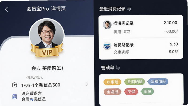 主体为会员宝Pro会员详情页,布局左侧显示会员头像与基本信息,右侧列出最近消费记录与标签,排版紧凑有序,风格专业商务,细节处高亮显示“VIP”标识,画质清晰,干净无杂乱背景
