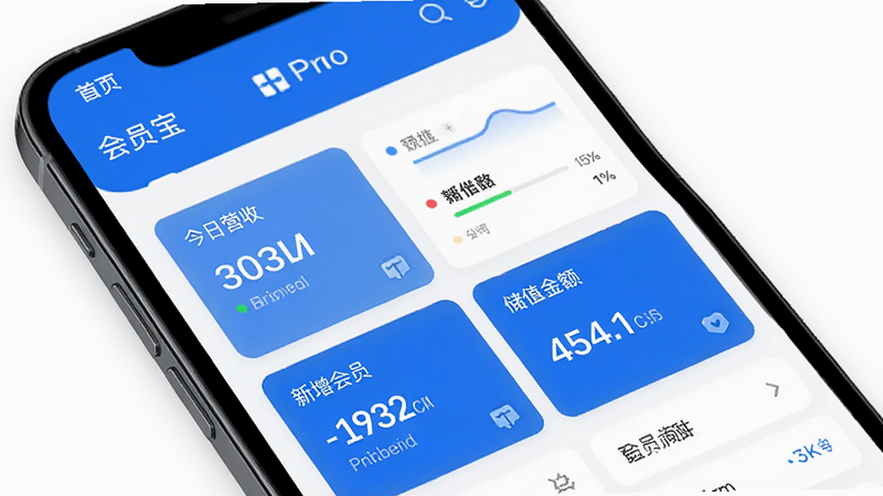 主体为会员宝Pro手机应用界面,布局清晰展示首页仪表盘,包含今日营收、新增会员、储值金额等核心数据卡片,排版简洁现代,风格扁平化设计,细节处体现蓝色主色调与白色背景对比,画质高清,干净无多余元素