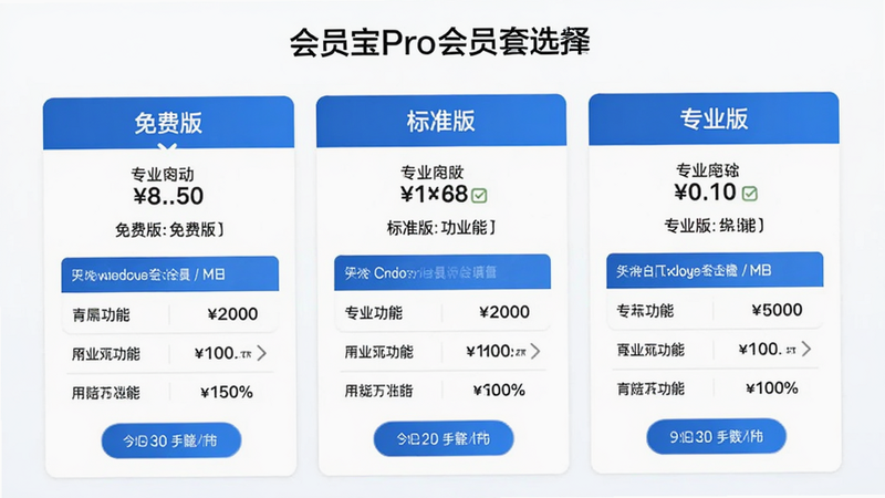 主体为会员宝Pro会员套餐选择页面,布局展示免费版、标准版、专业版三个选项卡片,排版横向排列,风格商务蓝白,细节处显示价格与功能对比,画质高清,干净无广告干扰