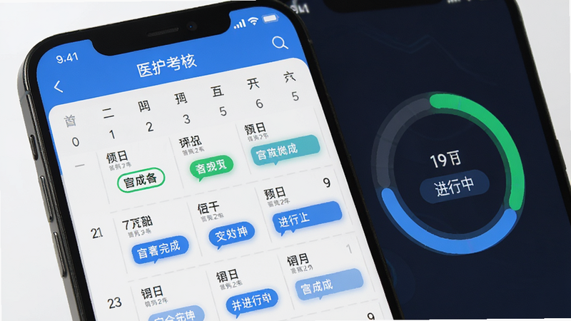 主体为手机屏幕,显示“医护考核”APP学习计划页面,日历视图显示每日任务,右侧有进度环图表,风格数据可视化,绿色完成标记,蓝色进行中,高清,简洁,无多余图标