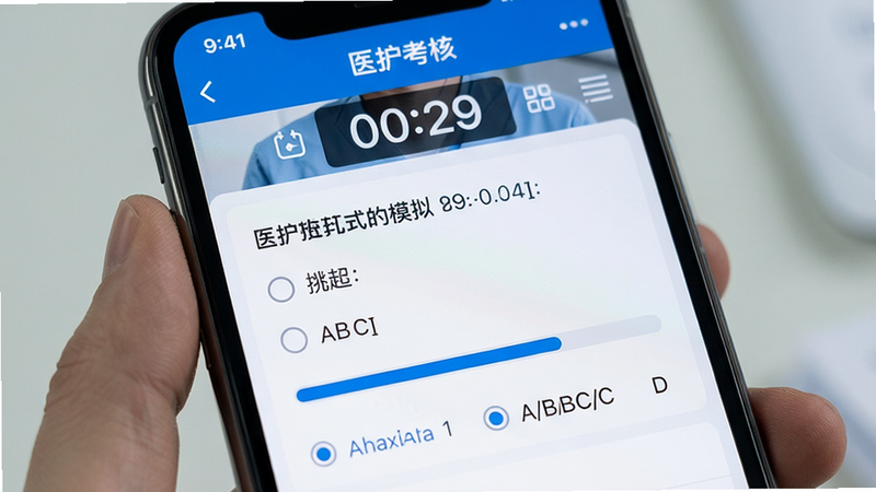 主体为手机屏幕,显示“医护考核”APP模拟考试界面,顶部倒计时,中间为单选题题目,底部有选项A/B/C/D,风格紧张专注,蓝色进度条,高清细节,文字清晰,无杂乱背景