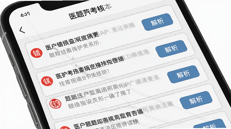 主体为手机屏幕,显示“医护考核”APP错题本页面,列表形式展示错题,每行有题目摘要和“解析”按钮,左侧有红色错误标记,风格条理清晰,白色背景,灰色边框,高清,无多余装饰