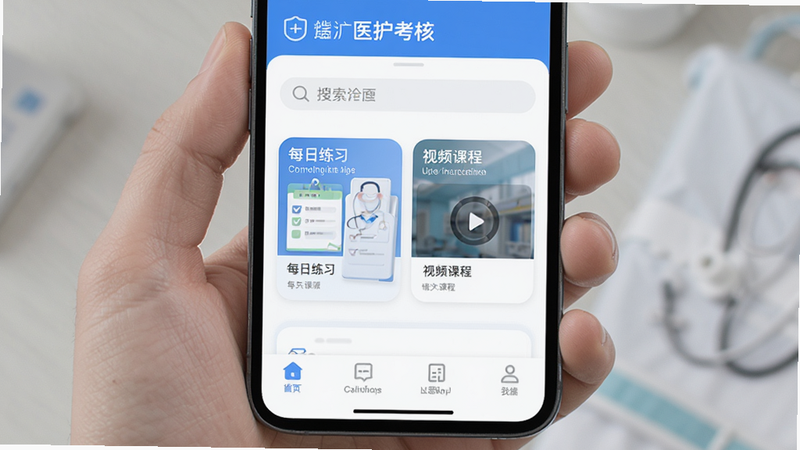 主体为手机屏幕界面,展示“医护考核”APP首页,顶部有搜索栏,中部为“每日练习”和“视频课程”卡片,底部有导航栏,风格简洁现代,白色背景,蓝色主色调,清晰显示软件名称,高清无噪点,无多余元素