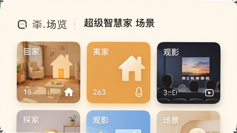 超级智慧家APP场景设置界面预览,展示多个场景卡片如