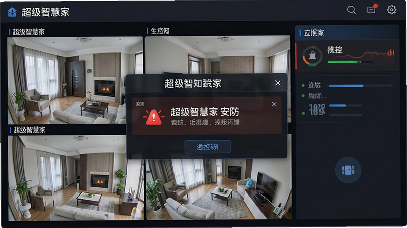 超级智慧家安防监控界面,显示实时监控画面流和报警通知弹窗,布局紧凑,风格严肃专业,细节清晰,画质锐利,干净界面,文字显示