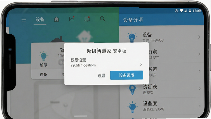 超级智慧家安卓版操作界面特写,展示权限设置弹窗和设备列表页面,布局清晰,风格扁平化,细节准确,画质高清,干净背景,文字显示