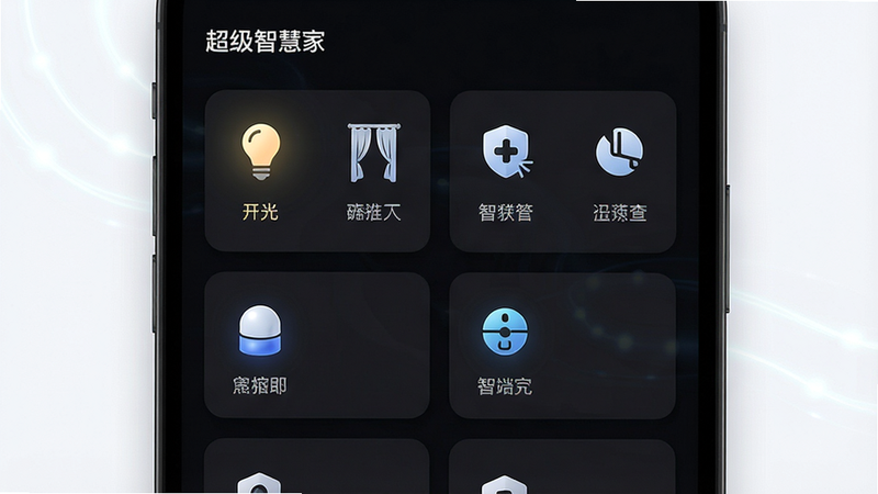一张展示超级智慧家APP界面的高清概念图,主体为深色模式下的智能家居控制面板,布局清晰,包含灯光、窗帘、安防等图标模块,排版简洁现代,风格科技感强,细节处有柔和的光影效果,画质4K,干净无多余元素,文字显示