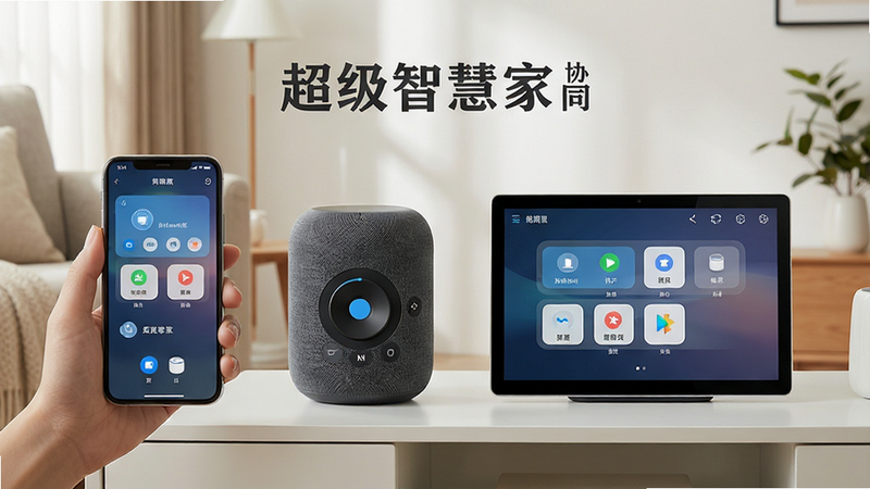超级智慧家多设备协同场景,展示手机、智能音箱和中控屏同时显示控制界面,布局和谐,风格生活化,细节自然,画质清晰,干净背景,文字显示