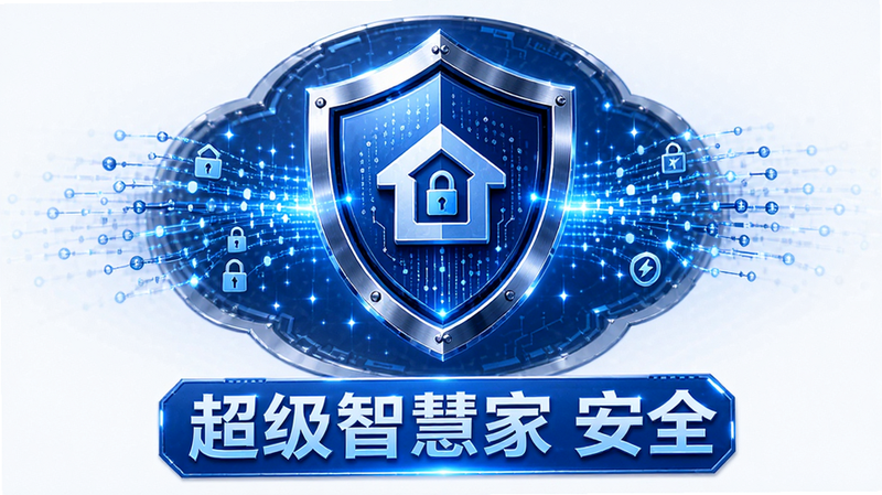 超级智慧家安全认证标识与加密技术示意图,主体为盾牌图标和数据流,布局中心对称,风格科技蓝,细节精致,画质4K,干净背景,文字显示