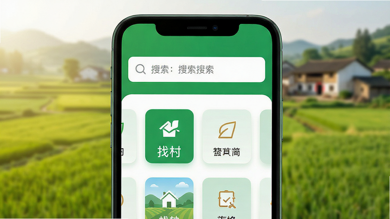 一张展示手机屏幕的高清特写,屏幕中央显示“找村”应用的主界面,界面风格清新简洁,以绿色和白色为主色调,顶部有清晰的搜索栏,下方排列着整齐的图标卡片,背景为虚化的乡村田野景色,光线明亮自然,突出软件的现代感与乡土气息的结合,高清4k画质,无多余元素