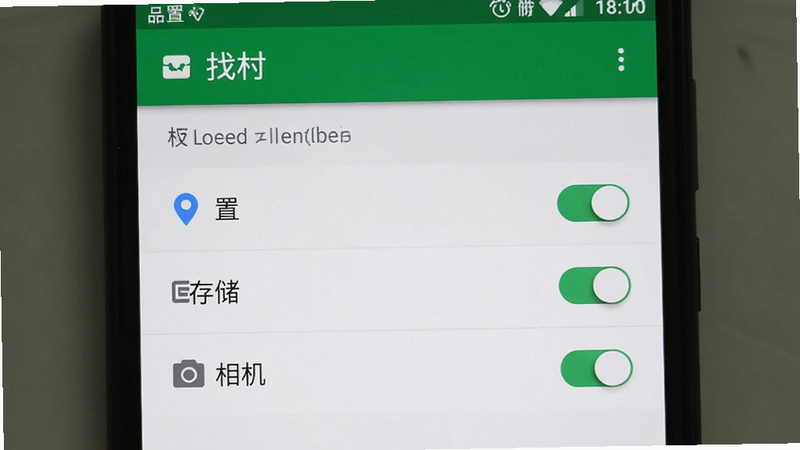 展示手机设置界面中“找村”应用的权限管理页面,高亮显示“位置”、“存储”、“相机”等权限开关状态,界面简洁明了,背景为安卓系统默认样式,强调安全设置的重要性,高清截图风格,无水印