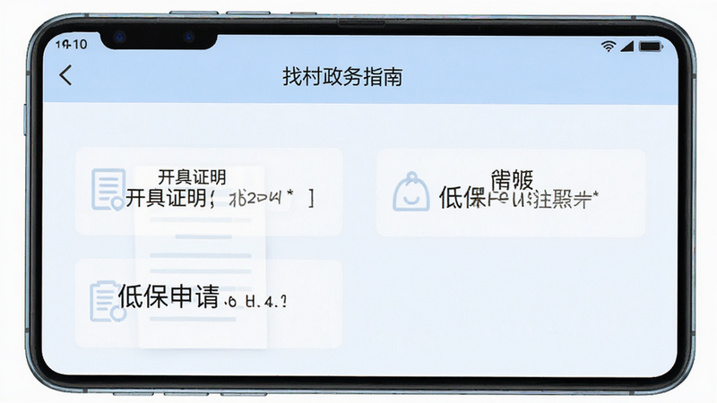 展示“找村”应用内的政务指南页面,列出了“开具证明”、“低保申请”等具体事项的流程步骤,文字清晰可读,排版条理分明,背景为淡蓝色,营造出专业、可信的氛围,高清渲染图,无多余装饰