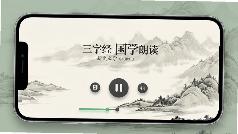 主体为“三字经国学朗读”APP手机界面展示,背景为淡雅中国风水墨画,布局简洁居中,排版清晰展示播放控制按钮与进度条,风格为现代简约与中式美学结合,细节包含柔和的阴影效果与高清图标,画质4k,干净,无多余元素,文字“三字经国学朗读”清晰可见