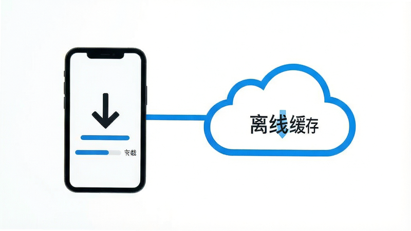 手机下载图标与云朵连接,表示云端下载至本地,背景为明亮的白色,布局平衡,排版清晰,风格清新实用,细节包含下载进度条,画质清晰,干净,无多余元素,文字“离线缓存”