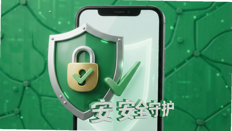 盾牌图标保护手机,背景为绿色安全色调,布局中心突出,排版稳重,风格信赖感强,细节包含锁与对勾符号,画质高清,干净,无多余元素,文字“安全守护”