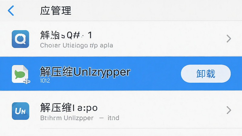 手机设置界面中的应用管理列表,高亮显示解压缩Unizpper文件管理,右侧显示卸载按钮,界面简洁,白色背景,灰色文字,高清,清晰,无多余元素